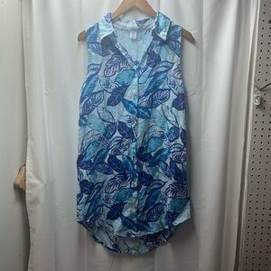 Sigrid Olsen Blue Leaf Tropical Print Linen Button Down Dress- S